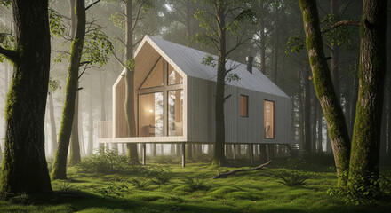 Soft morning image of a simple A‑frame style cabin near tall trees with light fog and muted tones; suitable for architecture features, lifestyle blogs, and minimalist design concepts.