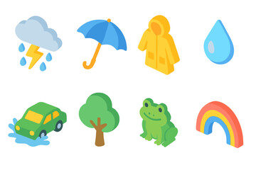 Fototapeta premium Weather and nature, 3d icon set. Rain, umbrella, tree, frog, rainbow, water, car