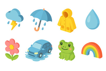 Weather and nature 3d icon set featuring rain, umbrella, and rainbow elements