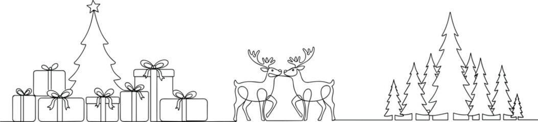 Christmas line art, holiday tree, reindeer silhouette, gift box drawing, pine forest graphic, cad drawing flat vector illustration © LatifunNahar