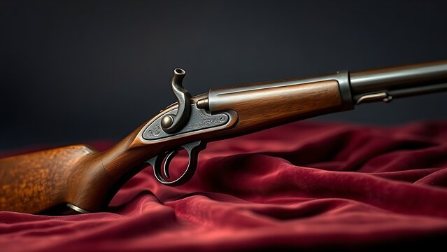 flintlock. Antique flintlock musket displayed on velvet cloth, detailed wood and metal components. event programs, museum guides, designed for cultural heritage projects and event programs.
