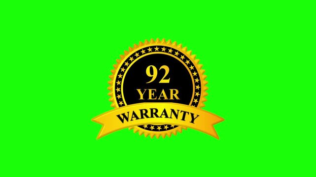 Golden 92 year warranty badge with ribbon on green screen background, premium quality guarantee label, certification seal, quality assurance, product guarantee seal, metallic gold warranty card