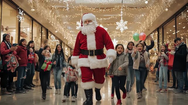Santa claus walking in a mall with children waving and christmas decorations hanging from the ceiling