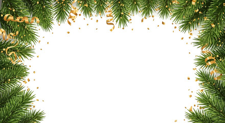 Festive Christmas or New Year background with green fir branches, golden confetti, and serpentine streamers on a white background