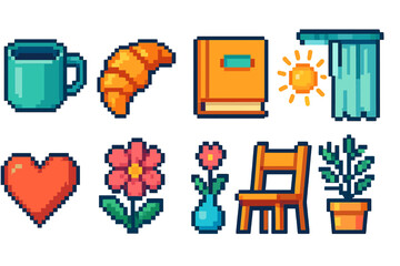 Pixel art, daily life icon set. Flat pixel icons for everyday objects and activities