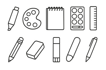 Art and stationery outline icon set: drawing, office, creativity line icons collection