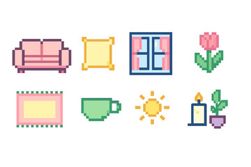 Neon gaming icon set: pixel art home, decorative furnishings, objects collection