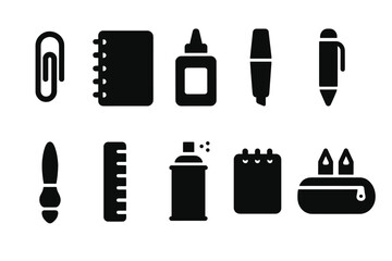 Office supplies silhouette icon set. Essential stationery icons for everyday use