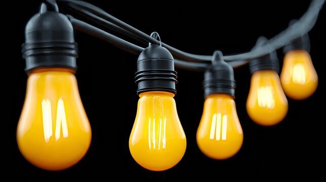 Clean image of luminous yellow bulbs on black wires, minimal and uncluttered, warm glowing lights against a blank white canvas - Powered by Adobe