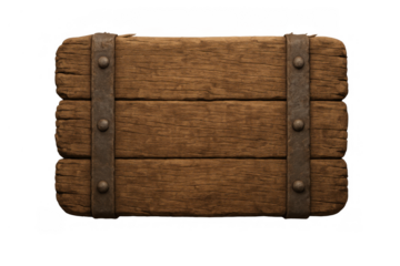 Blank vintage wooden sign board with metal straps and rivets on a transparent background, rustic wood texture banner