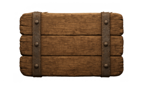 Blank vintage wooden sign board with metal straps and rivets on a transparent background, rustic wood texture banner