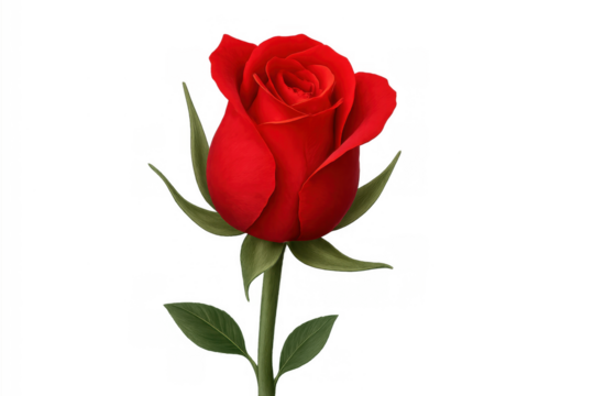 Red rose bud with green stem and leaves symbolizing love, romance, and beauty on a transparent background