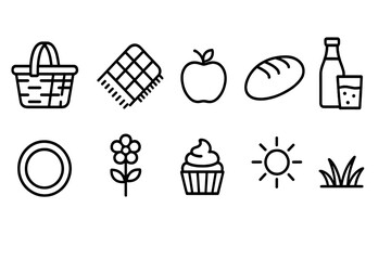 Picnic line icon set: food, outdoor, nature linear collection for summer events