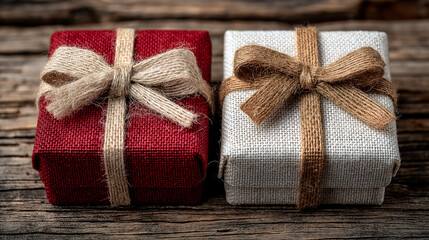 Gift boxes with burlap ribbon rustic presents for holidays and events