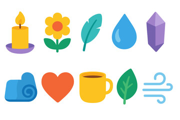 Wellbeing and relaxation icon set. Colorful, flat icons for mindfulness and calm.