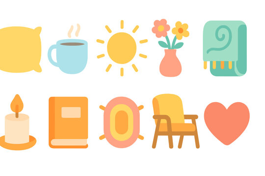 Cozy home vibes icon set in flat style. Warm, relaxing, comforting icons collection
