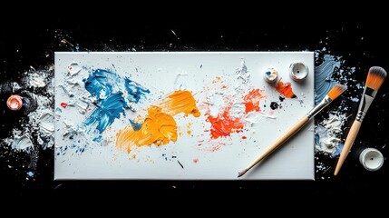 A white canvas is covered in colorful paint splatters and thick strokes of blue, orange, and red paint, with brushes and small paint pots scattered around.