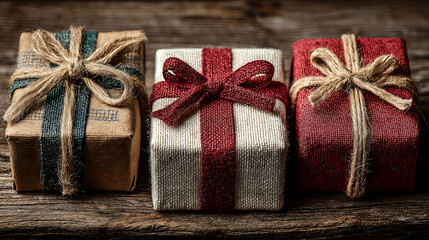 Rustic christmas presents wrapped with twine and ribbon on wood surface
