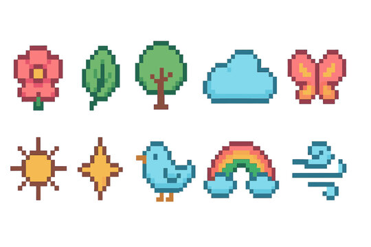 Nature, weather pixel icon set. Charming, retro style pixel art collection