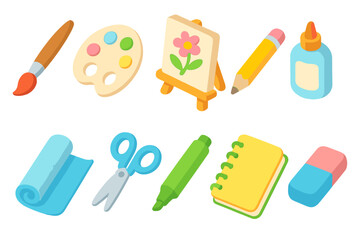 Art supplies 3d icon set. Creative tools, paint, crafting icons collection.