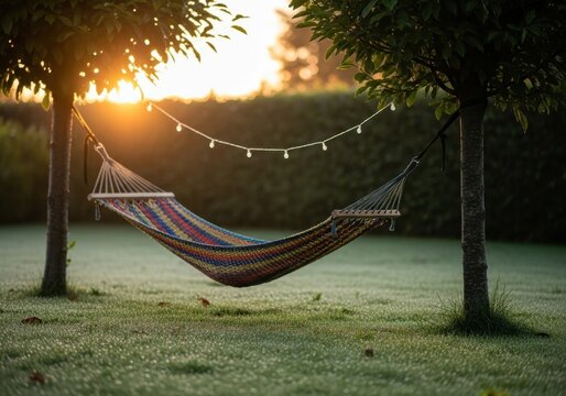 Colorful hammock strung between two trees in a peaceful garden at sunset with string lights