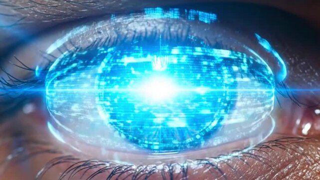Close up of a human eye with digital hud overlay and bright blue iris and scanning technology - Powered by Adobe