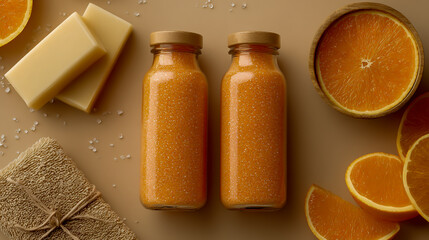 A mockup of two glass bottles filled with orange-colored body scrubs, accompanied by a bar of soap and sliced oranges on the side. The background is beige in color.