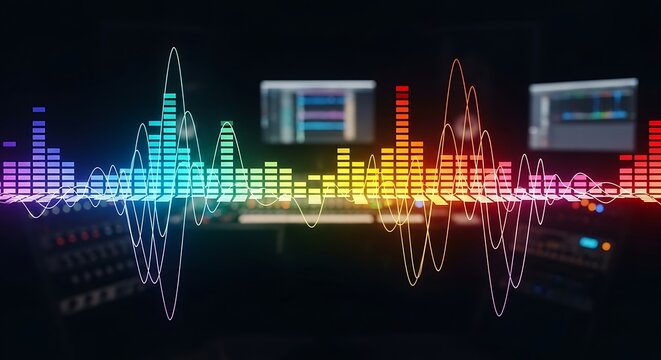 Colorful audio equalizer displaying sound waves and music spectrum in a dark studio environment.