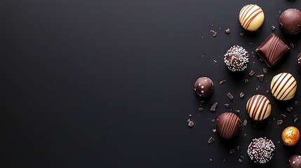 A collection of assorted gourmet chocolates, including truffles and squares, are artfully arranged on a dark, textured surface with scattered chocolate shavings