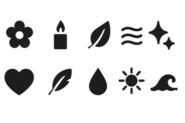 Nature and wellness solid icon set. Relaxation, health symbols solid collection