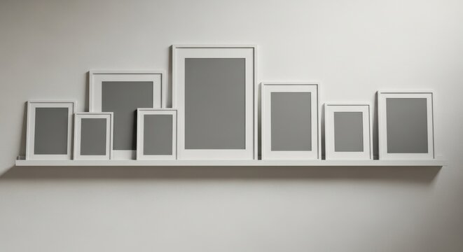 Collection of various sized empty white picture frames displayed neatly on a white wall shelf