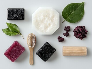 A flat lay of various natural bath and body products, including soaps, leaves, dried berries, and a bamboo brush, arranged on a light background.