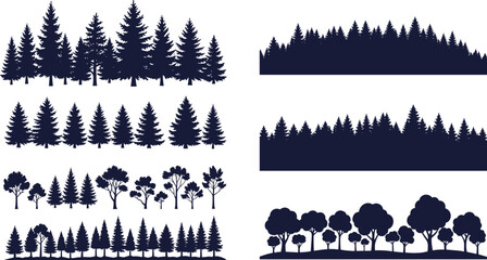 Tree silhouette collection, forest line graphics, foliage shapes, nature icons, landscape design elements, cad drawing flat vector illustration