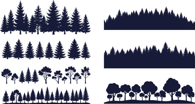 Tree silhouette collection, forest line graphics, foliage shapes, nature icons, landscape design elements, cad drawing flat vector illustration