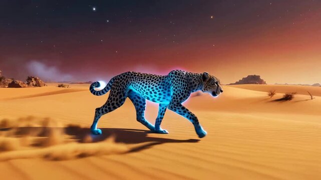 Digital Cheetah Running Across Desert Sands Under a Starry Sky.