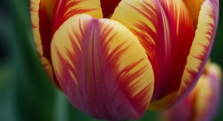 Close up of a vibrant tulip flower with striking red and yellow petals