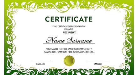 Elegant green certificate template with decorative floral border for awards, achievements, diplomas, or recognition in a professional setting