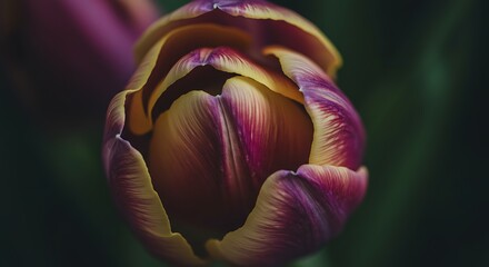 Close up of a vibrant tulip flower with yellow and purple petals