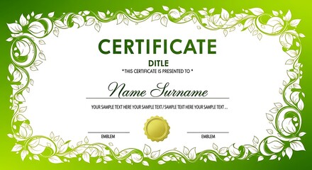 Elegant green certificate template for awards, achievements, or diplomas, perfect for customizable recognition documents with a professional touch for any event