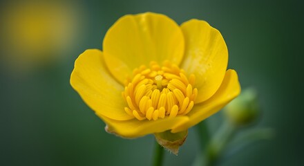Close up of a vibrant yellow buttercup flower with soft green background