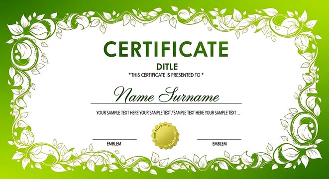 Elegant green certificate template for awards, achievements, or diplomas, perfect for customizable recognition documents with a professional touch for any event