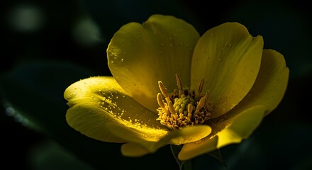 Close up of a vibrant yellow flower in sunlight against a dark background