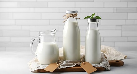 Fresh milk bottles and pitcher on rustic tray for healthy lifestyle ads or dairy product marketing campaigns, promoting organic farming and pure ingredients