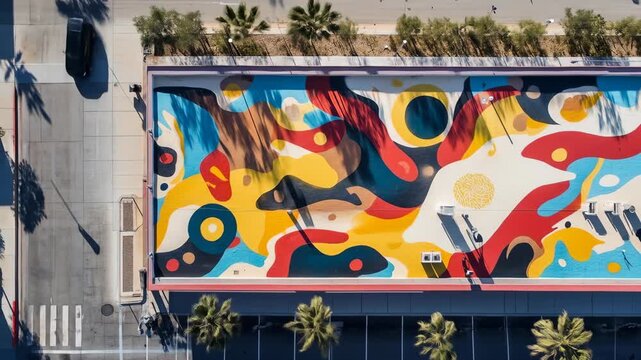 Abstract mural overhead view bright colors geometric shapes modern art