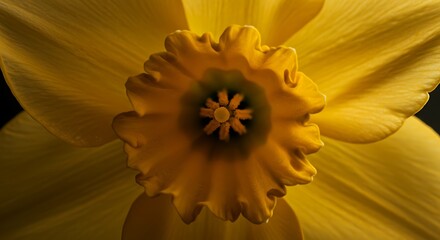 Close up of a vibrant yellow daffodil flower with detailed petals and center
