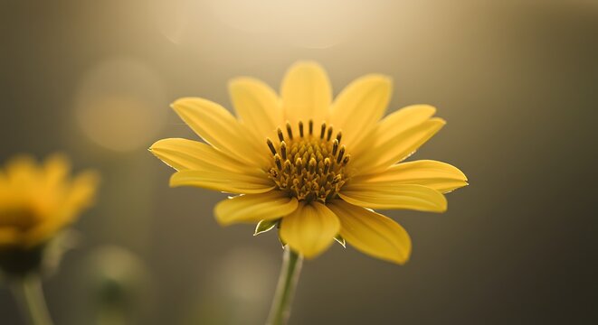 Close up of a vibrant yellow flower with soft background bokeh effect