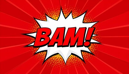 A comic book "BAM!" explosion on a red radial burst background