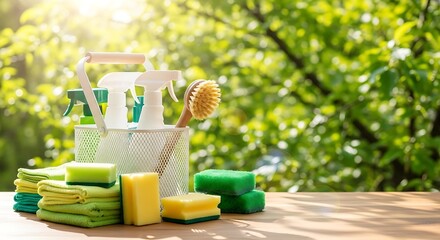 Bask in the Freshness Modern cleaning supplies shine in the sunlit garden, offering a natural approach to spring cleaning and eco-friendly living