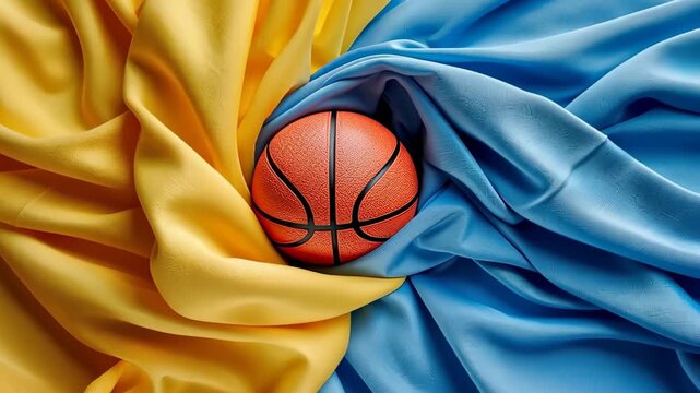 Basketball on the Swirl Fabric: A basketball rests serenely amidst the folds of vibrant yellow and blue fabric, evoking a sense of movement and artistry.