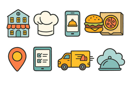 Food delivery linear icon set. Restaurant, mobile order, chef icons outline collection.